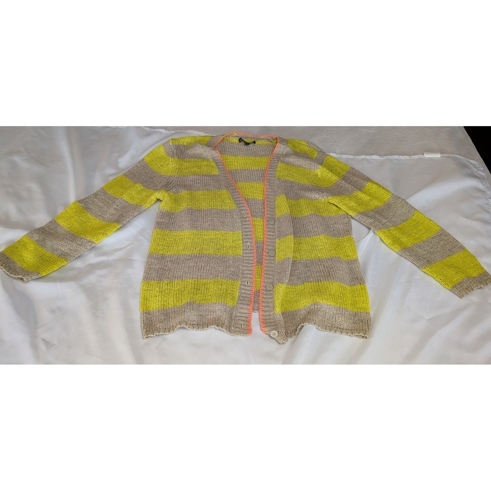 Cable & Gauge Cardigan Women Large Tan Neon Yellow Fair Striped V-Neck Sweater